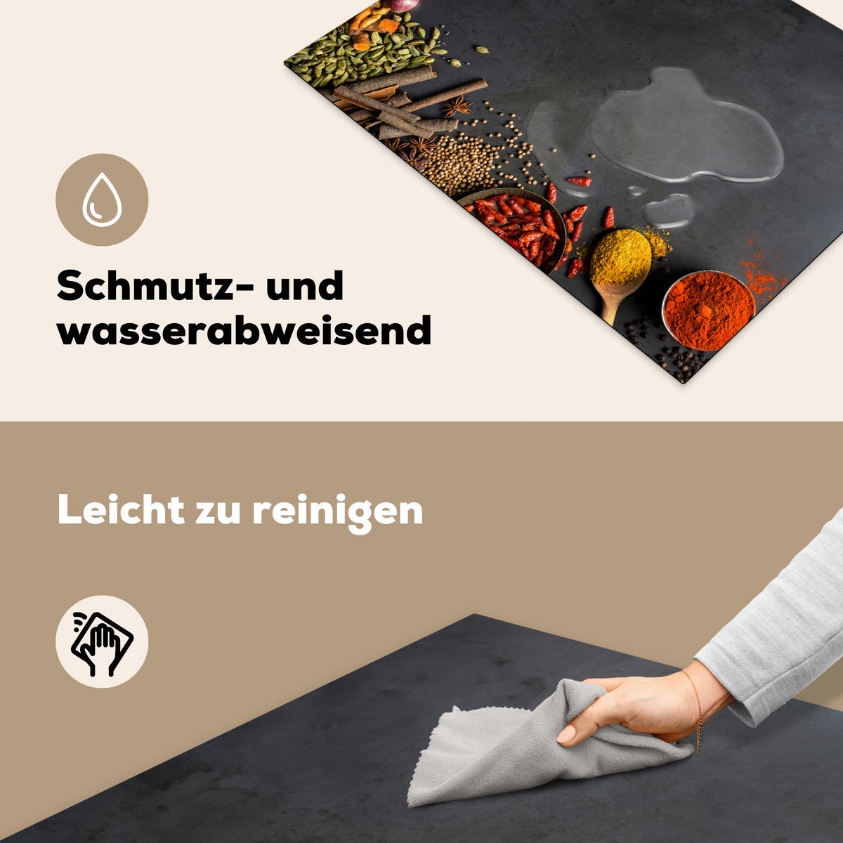 HERDABDECKPLATTE Kräuter - Lebensmittel - Gewürze - Schwarz - Paprika - Zimt Induktionsmatte 71x52 cm - Currygelb, Kunststoff (71/52/0.2cm) - MuchoWow