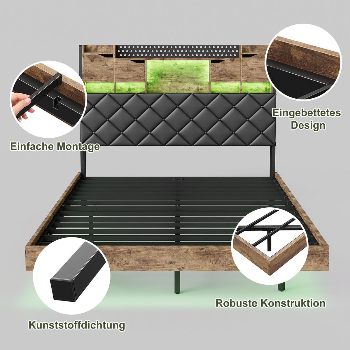 POLSTERBETT 140x200 mit Stauraum,LED-Beleuchtung, Doppelbett Kunstleder Schwarz - Schwarz, Holz (140/200cm) - PARAFTA HOME