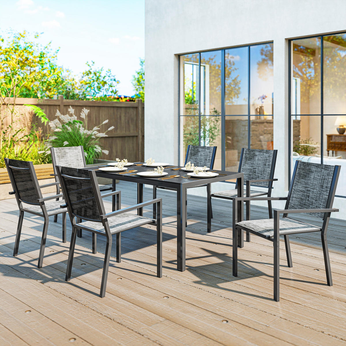 GARTENTISCHGRUPPE DE-18102 150 cm Tisch mit Lattenplatte, 6 Stühle Schwarz - Schwarz, Metall - ComfortXL