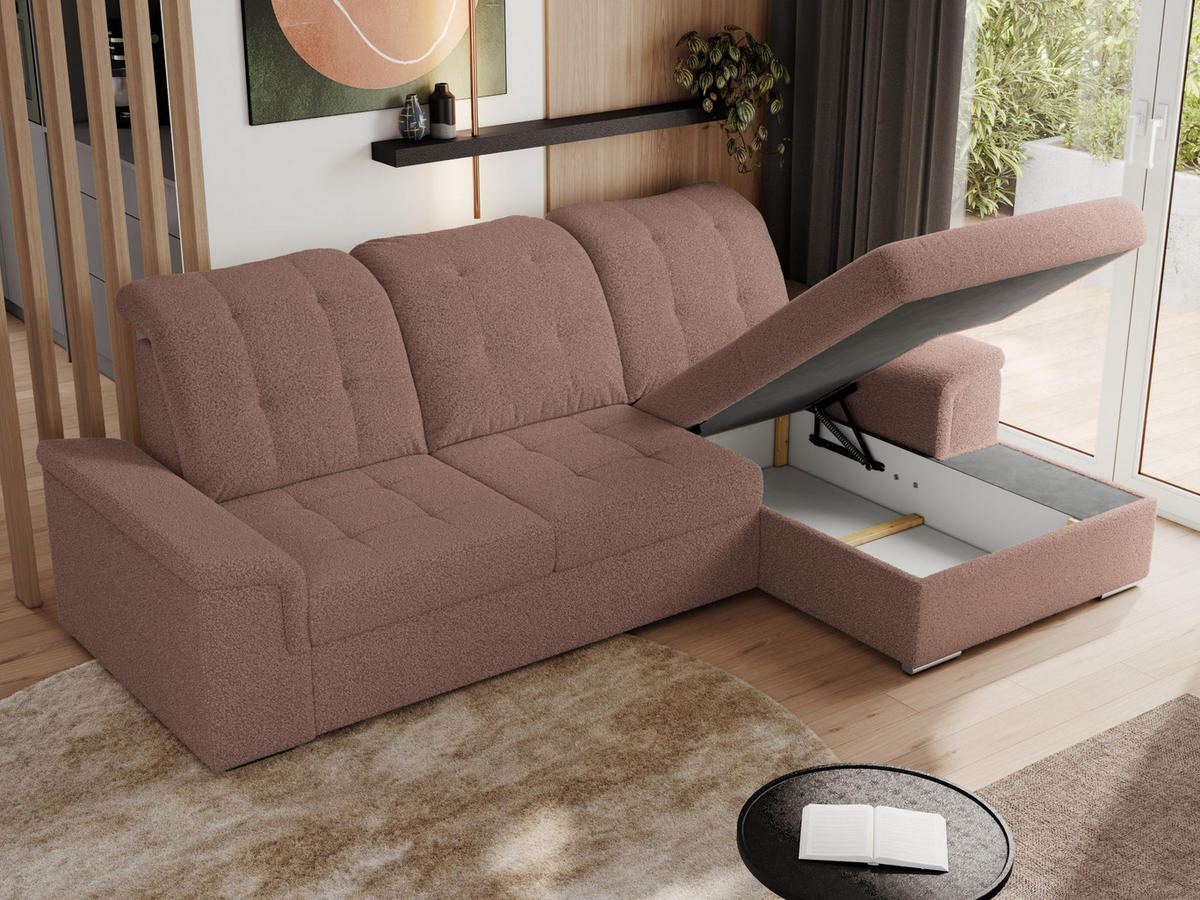 ECKSOFA MADRITO L - Rosa Boucle - Rechts - Silberfarben/Rosa, Textil/Metall (256/160cm)