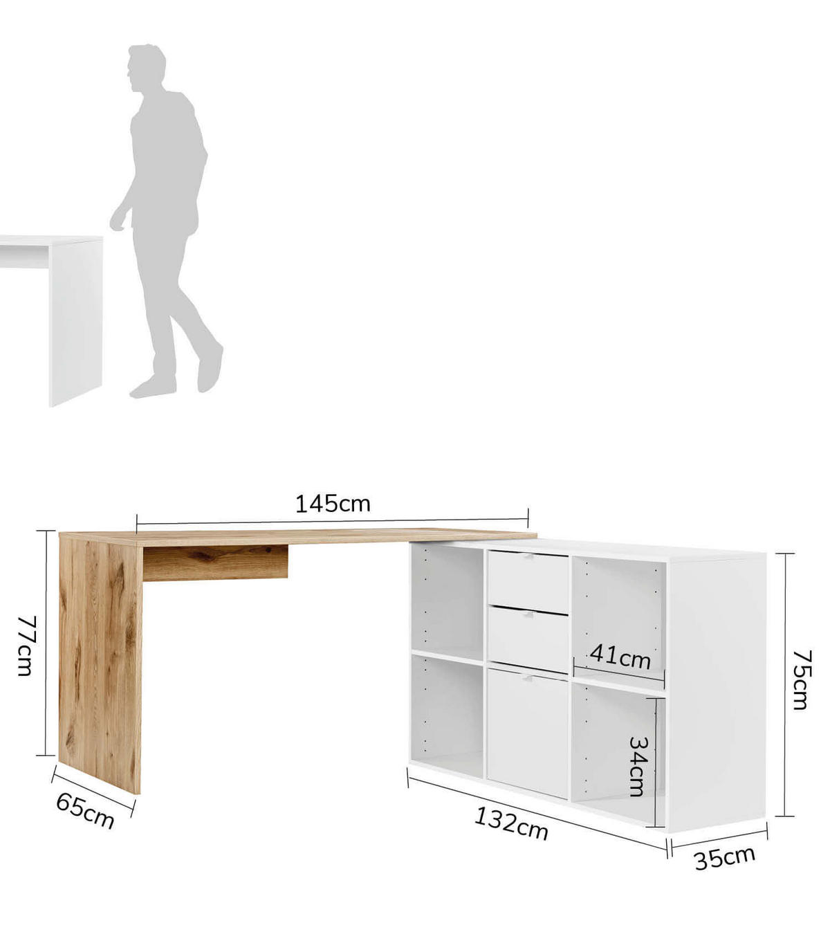 ECKSCHREIBTISCH Der Produktive - Eichefarben/Weiß, Holzwerkstoff (65/145/77cm) - Mokebo