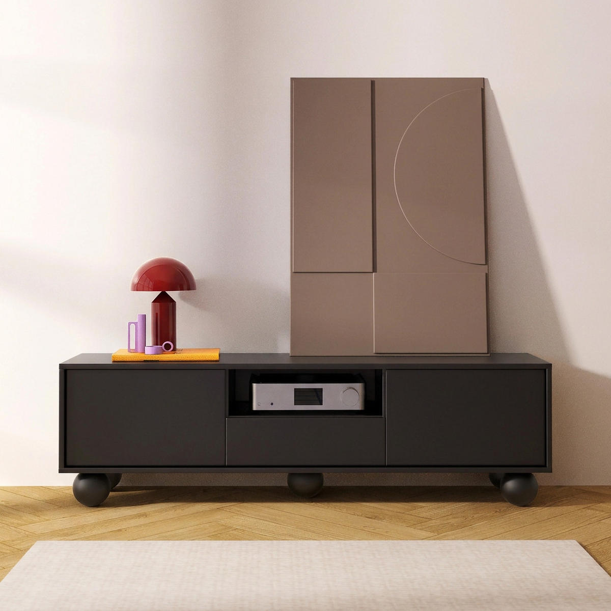 LOWBOARD Adel mit 2 Türen 1 Schublade und runden Füßen, 154 cm, Griffloss, Schwarz - Schwarz, Holzwerkstoff (154/46/38cm) - Beautysofa