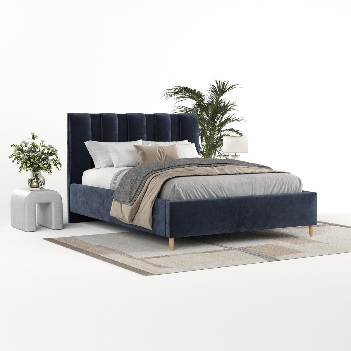 POLSTERBETT Loom 160/200 cm Marineblau im Lotta Stoff - Naturfarben/Dunkelblau, Holz/Holzwerkstoff (160/200cm) - AltaBeds