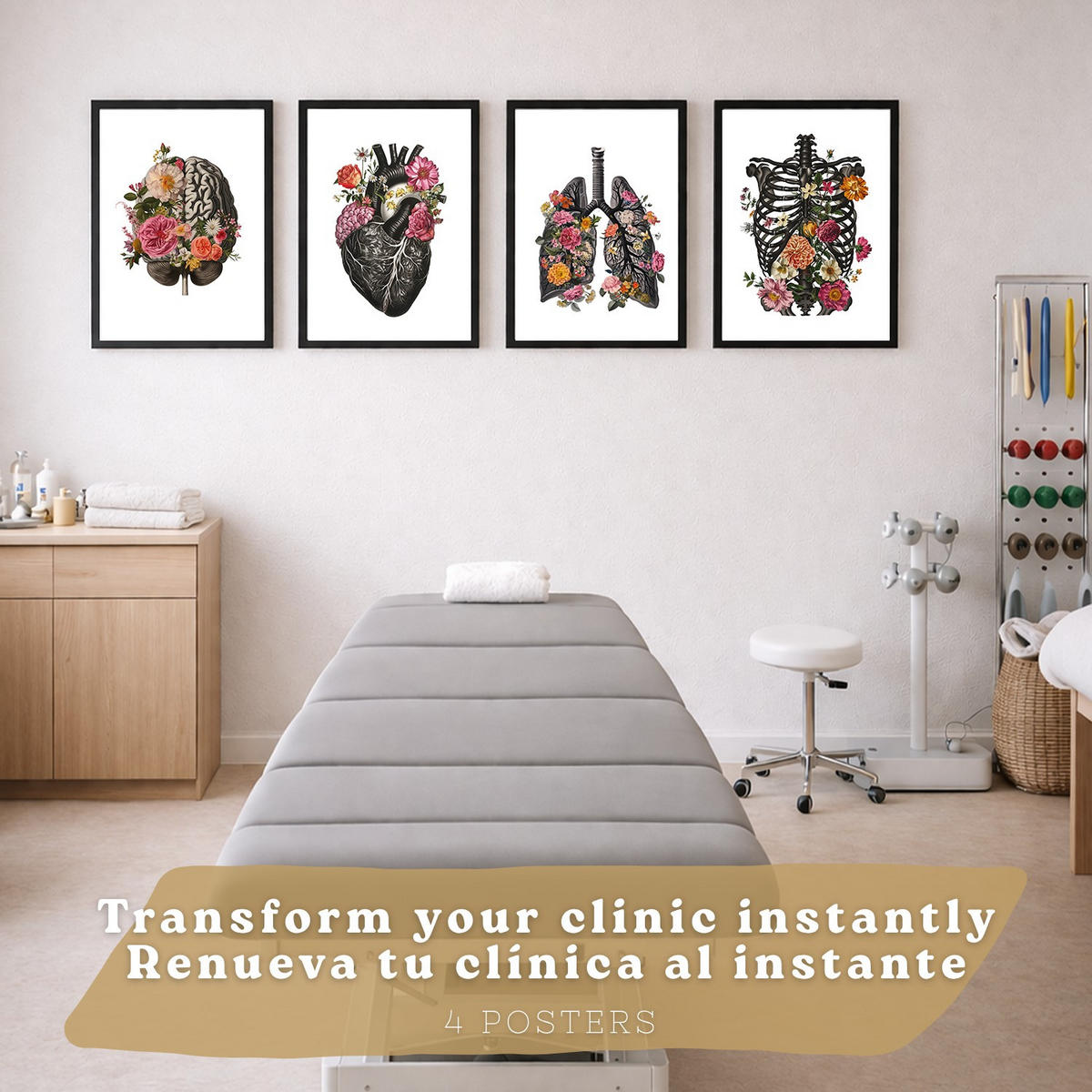 POSTER Set aus 4 Anatomie Drucke und Dekorative mit Gehirn Herz Lungen Atmungssystem Rippen Wirbelsäule Modernes Florales Größe Schwarzer Rahmen A3 - Schwarz, Papier (29.7/42/3cm) - Nacnic