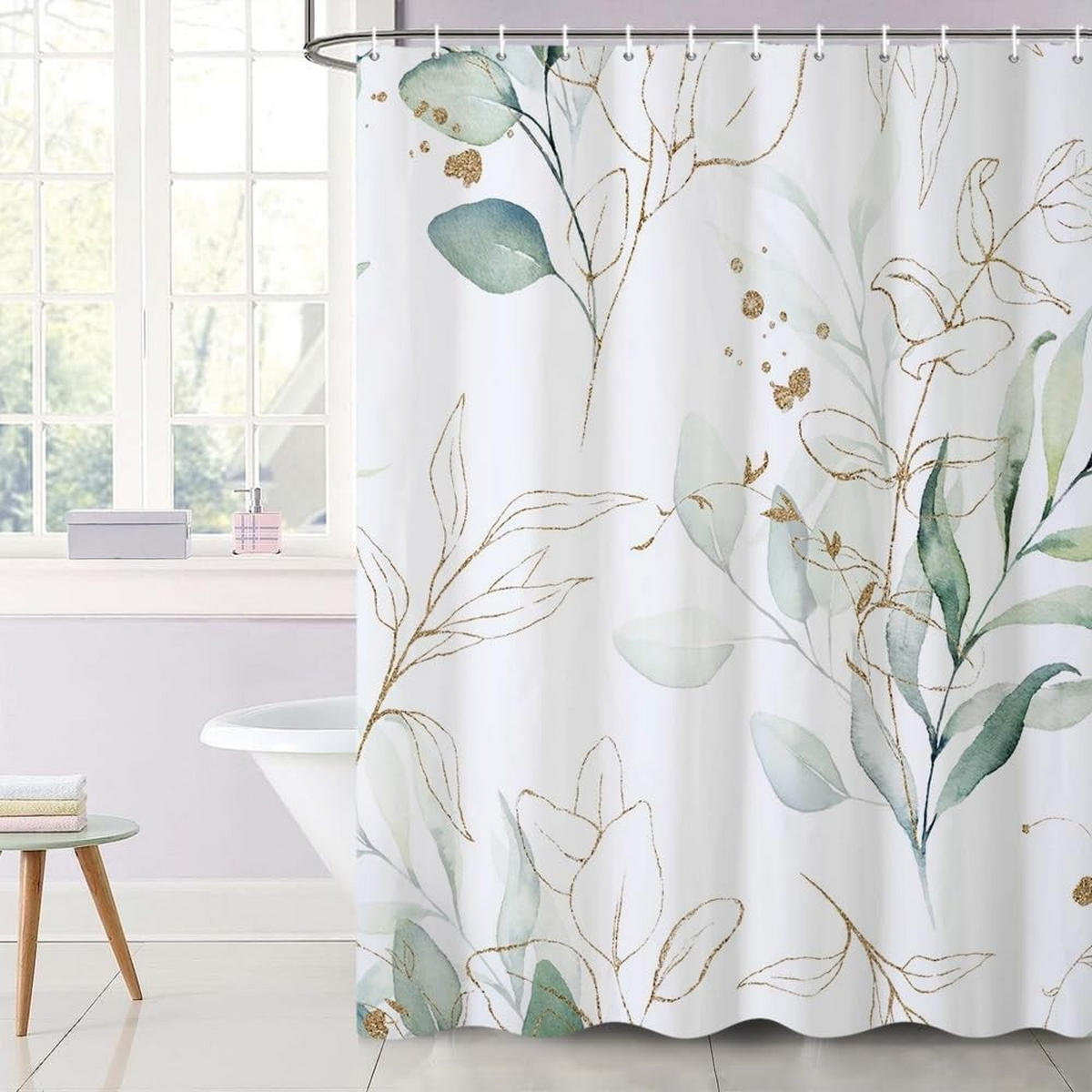 DUSCHVORHANG mit Blätter Grün Stoff waschbar Badezimmer Polyester wasserdicht mit Haken - Grün, Textil (200/180cm) - MCBOSON
