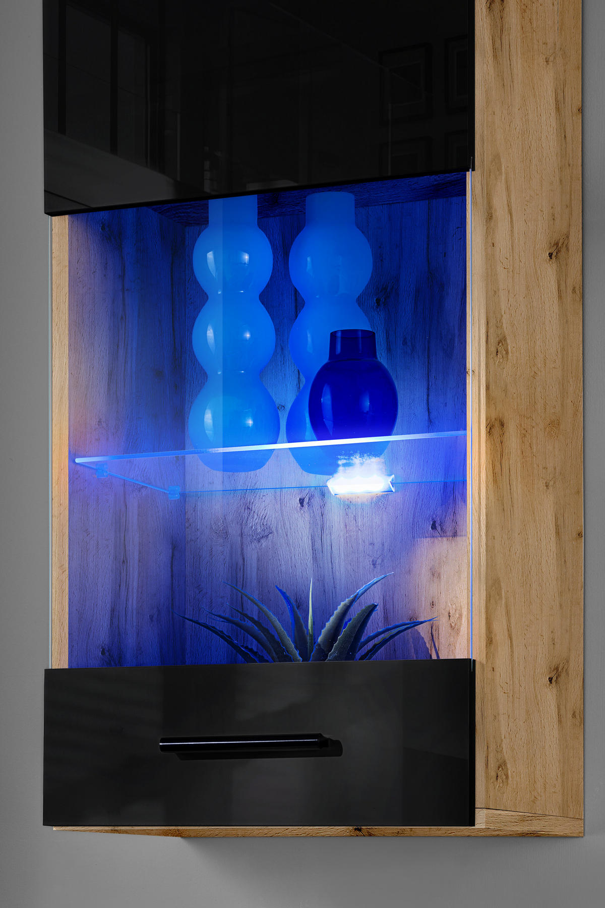 WOHNZIMMERSET VARALLO, 6er-Set, Eiche Wotan, Front Hochglanz Schwarz , LED Mehrfarbige - Eiche Wotan/Schwarz, Glas/Holzwerkstoff (200/190/45cm) - Komodee