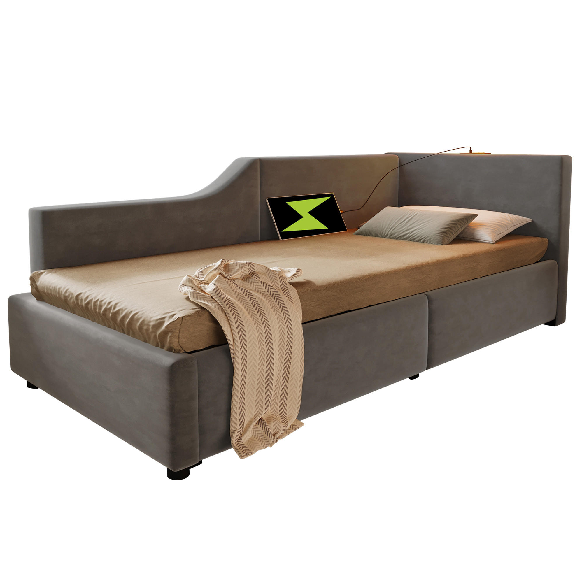 POLSTERBETT 90/190 cm aus Samt Grau mit Stauraum und USB- und Type-C-Anschlüssen - Grau, Textil (90/190cm) - Flora Grace