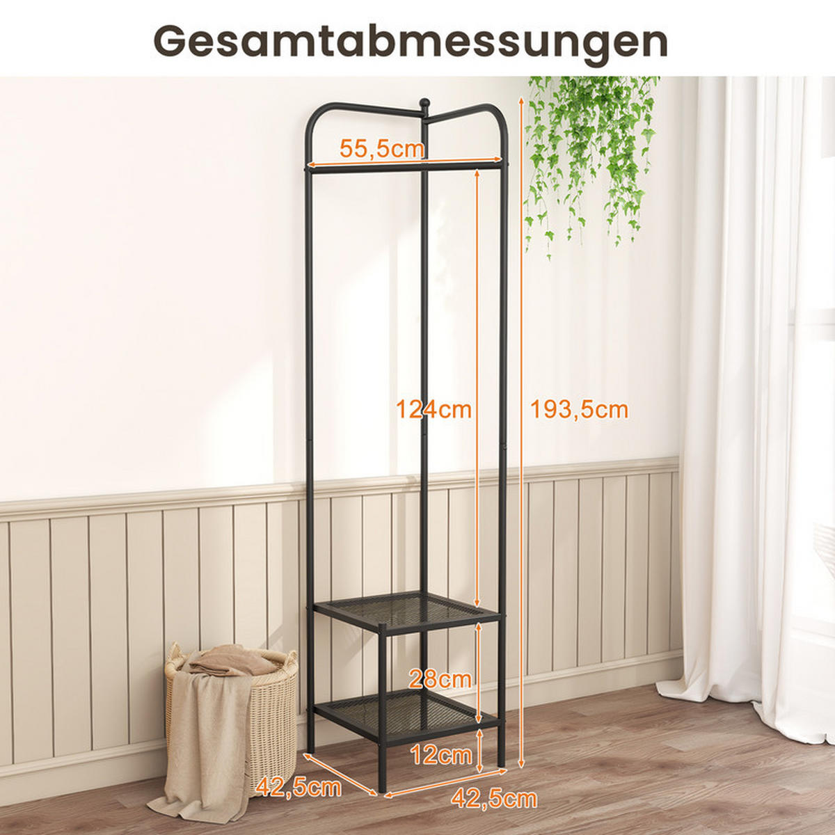 ECK-GARDEROBENSTÄNDER mit oberem Haken schwarz - Schwarz, Metall (42.5/193.5/42.5cm) - COSTWAY