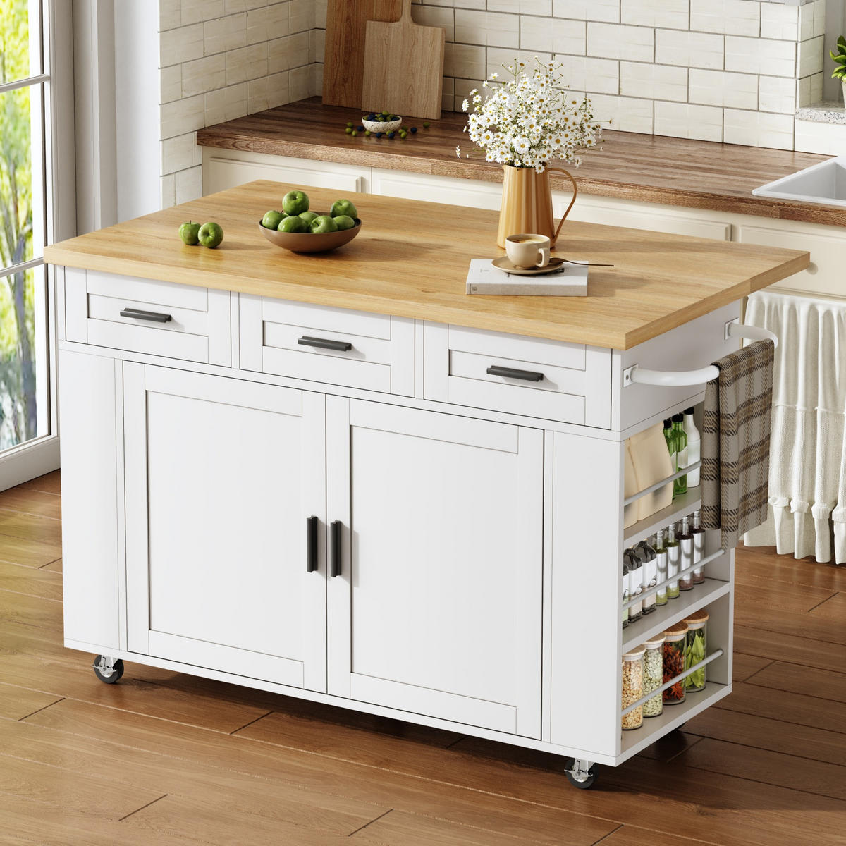 KÜCHENINSEL 84 cm MDF Natur Weiß mit Klappbarer Arbeitsplatte und USB-Steckdose - Weiß, Holzwerkstoff (70/84/120cm) - Korfee