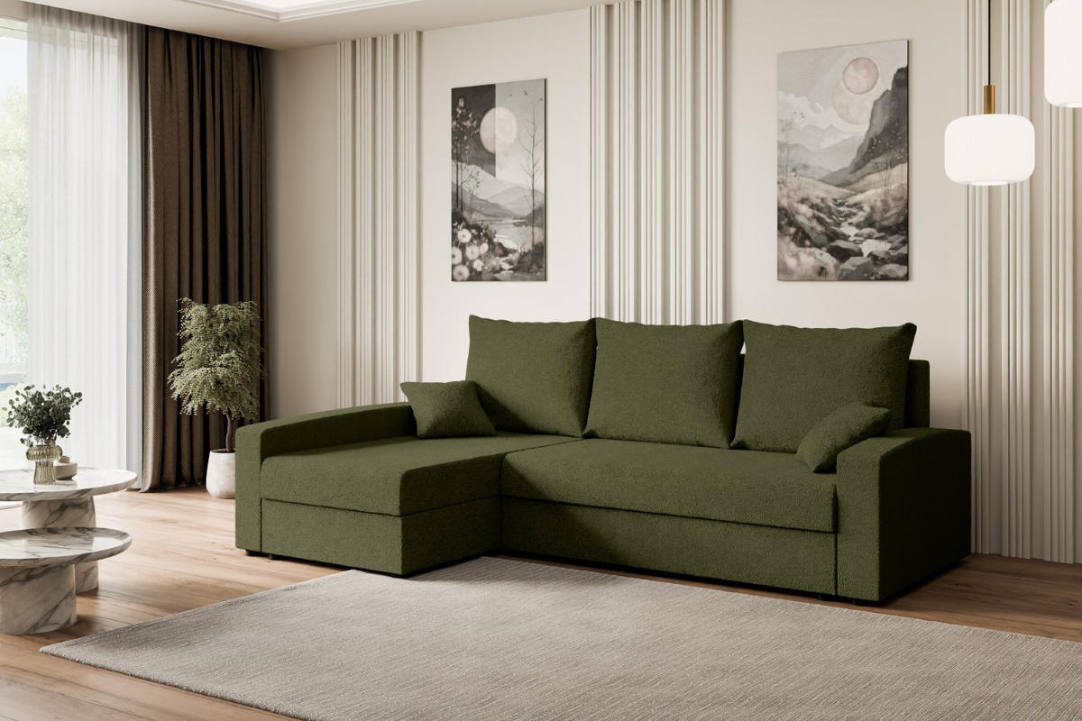ECKSOFA mit Schlaffunktion und Bettkasten ALESIA-L 231x140x90 cm Grün Bouclé - Silberfarben/Grün, Holzwerkstoff/Kunststoff (231/140cm) - ALTDECOR