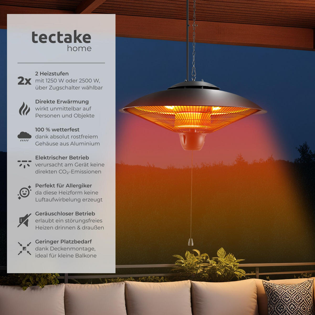 INFRAROTHEIZSTRAHLER Solaris Orbit, einfache Montage, 58 x 58 x 32 cm, schwarz - Schwarz, Metall (58/32/58cm) - tectake