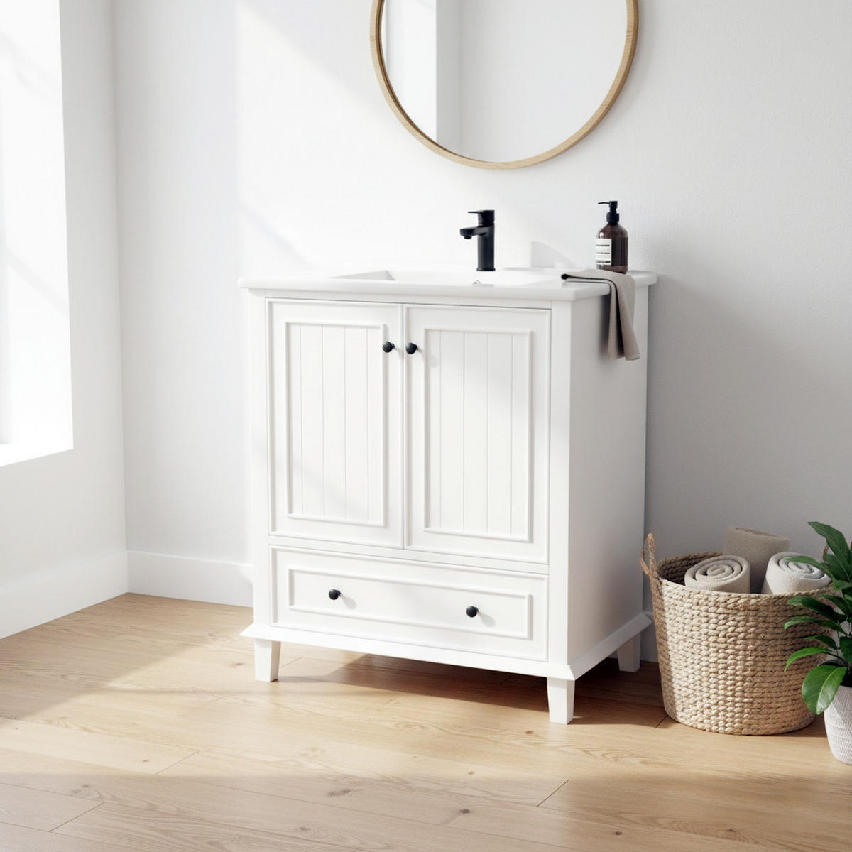 WASCHTISCHKOMBI Weiß mit Keramikbecken & Massivholzbeinen - Weiß, Keramik/Holzwerkstoff (76/87/46cm) - Urban Meuble