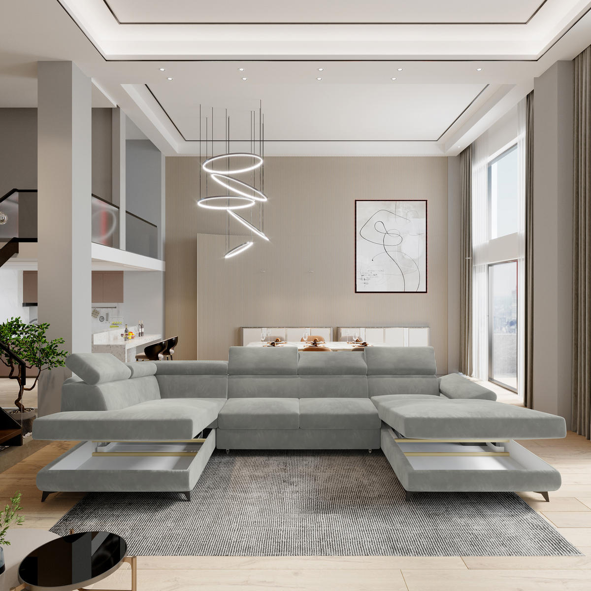 WOHNLANDSCHAFT RUBANO L-S Creme Velours-Stoff mit Schlaffunktion - Creme, Holz (339/89/190cm) - MASSENO