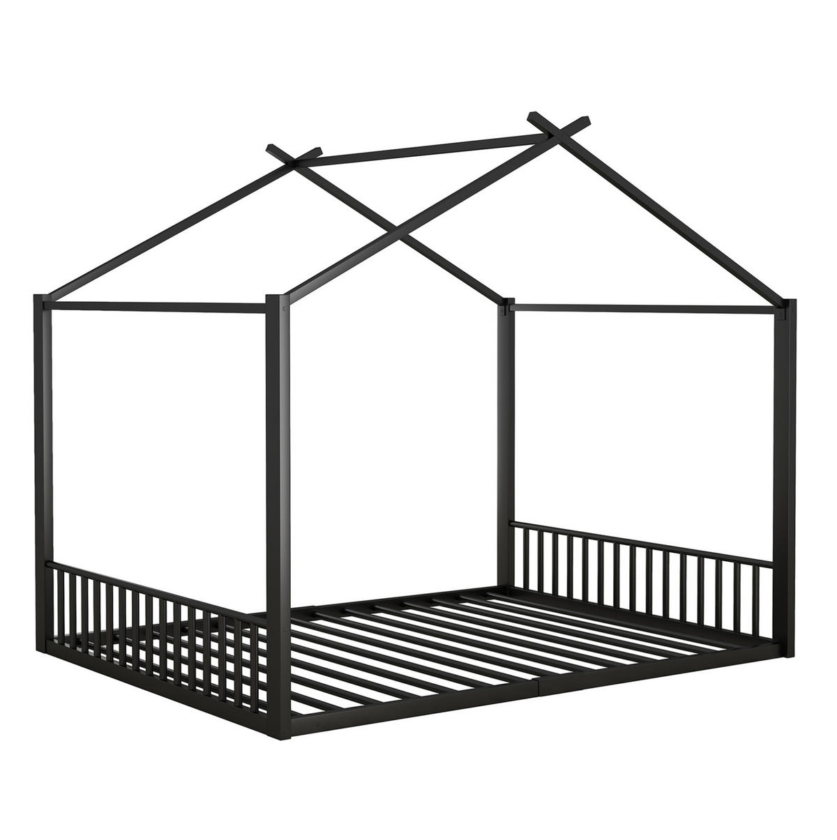 KINDERBETT 140/200 cm in Hausform aus Metall – Schwarz - Schwarz, Metall (140/200cm) - BEAOK