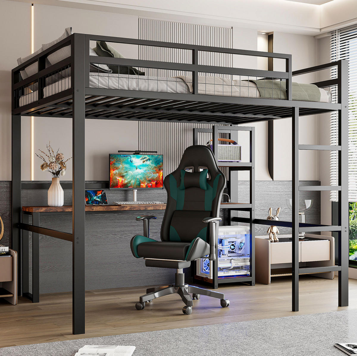 HOCHBETT 140/200 cm mit Schreibtisch, Regalen, Steckdose, USB-C und Leiter, Metallrahmen, Schwarz - Schwarz, Metall (140/200cm) - Redom
