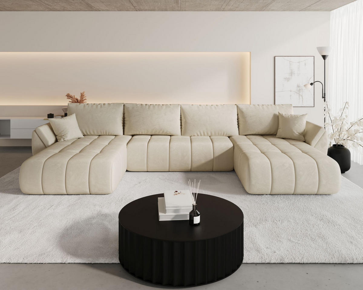 WOHNLANDSCHAFT SYDNEY PREMIUM U-Form beige Velours Monolith 2 - Schlaffunktion, Bettkasten - Beige, Textil (385/85/175cm) - Cornero
