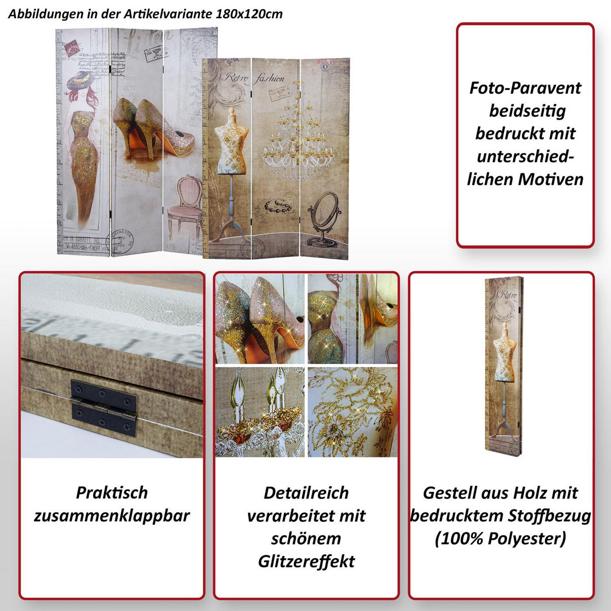 FOTO-PARAVENT RETRO Weiß, Gold - Goldfarben/Weiß, Holz (120/180/2cm) - MCW