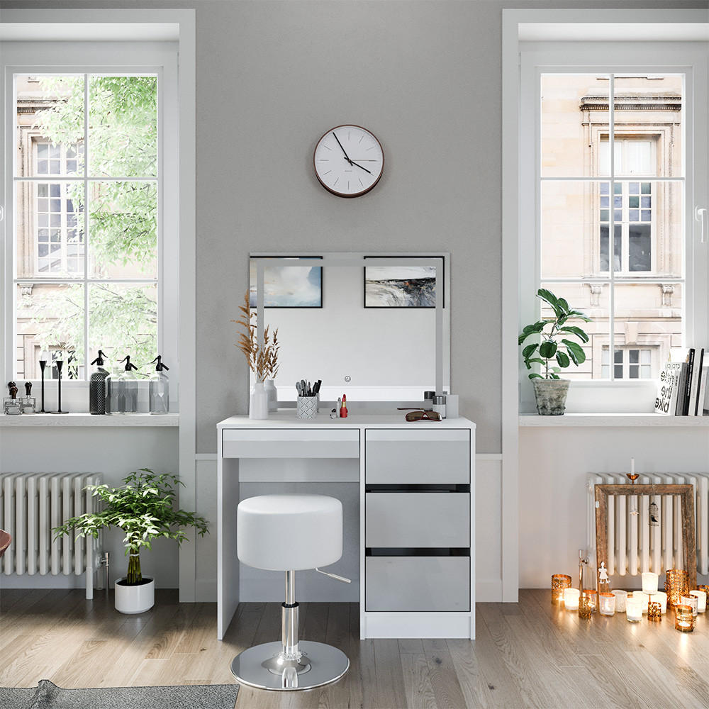 SCHMINKTISCH Sherry Weiß 90 cm mit LED-Spiegel und Hocker - Weiß Hochglanz/Weiß, Holzwerkstoff (90/75/40cm) - Vicco