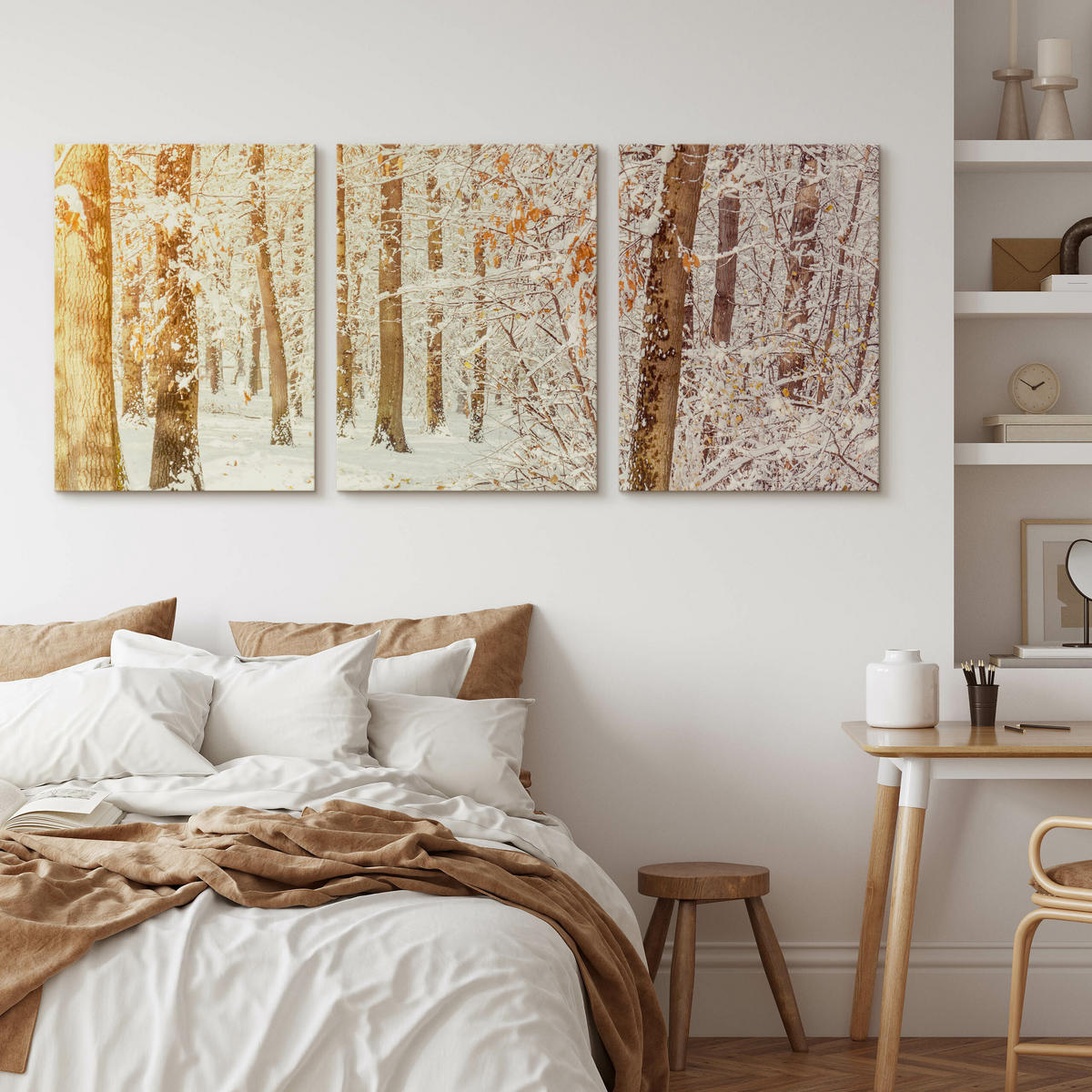 LEINWANDBILDER 3-es Set Wald Bäume 3D - Beige/Weiß, Textil (90/40cm) - Muralo