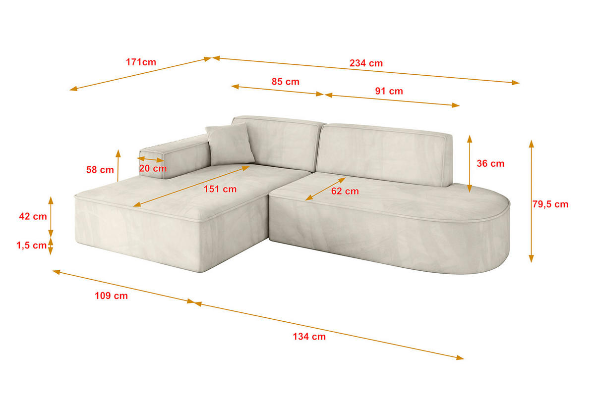 ECKSOFA Ottomane Links IREA-L1-v4 - 234x171x79 cm Dunkelgrau - Ecru, Holzwerkstoff/Textil (234/171cm) - ALTDECOR