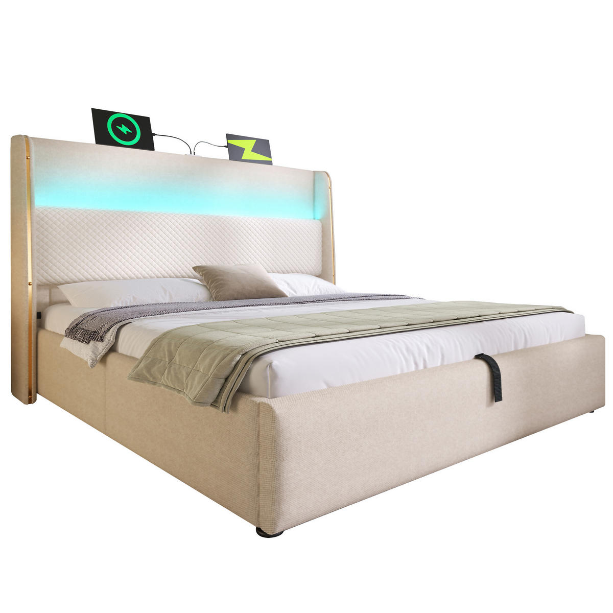 ČALÚNENÁ posteľ 160/200 cm béžová s LED, USB a úložným priestorom z ľanovej tkaniny - béžová, textil (160/200cm) - OKWISH