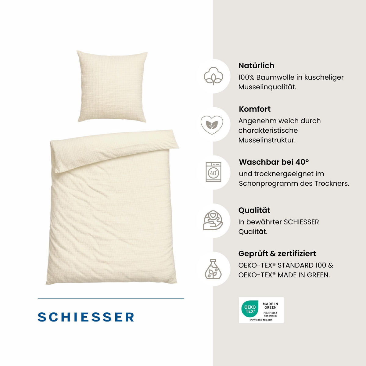 BETTWÄSCHESET Molly - Musselin - 2-teilig - 135x200 cm - Offwhite - Weiß, Textil (135/200cm) - SCHIESSER