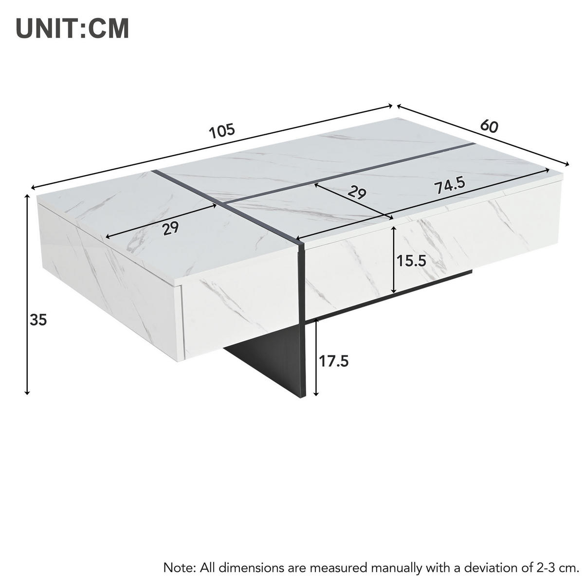 COUCHTISCH 105/60/35 cm Weiß aus Spanplatte mit 3 Schubladen und LED-Beleuchtung - Weiß, Holzwerkstoff (105/60/35cm) - OKMYHOME