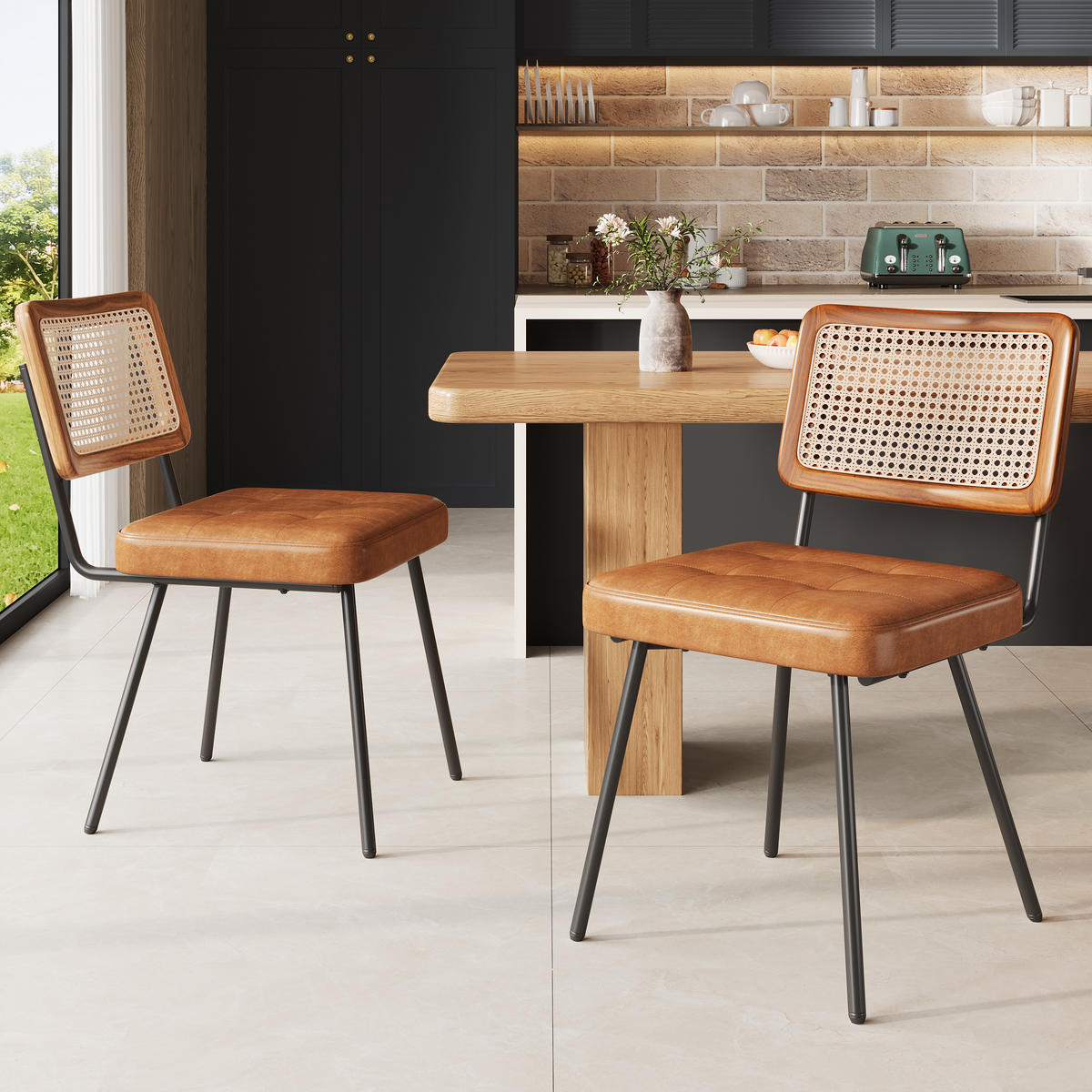 ESSZIMMERSTUHL 2-Tlg Kunstleder Rattan, Ergonomisch Retro - Braun, Metall (61/79/46cm) - FLIEKS
