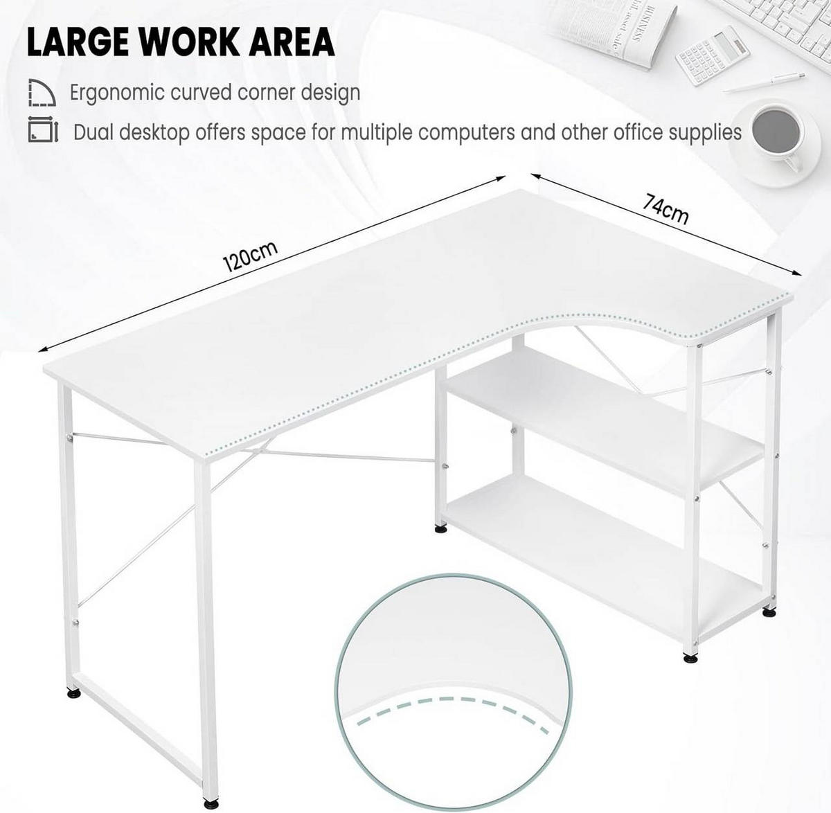SCHREIBTISCH mit 2 Ablagen,120x74x71,5 cm, Weiß - Weiß, Holzwerkstoff/Metall (74/120/71.5cm) - Woltu