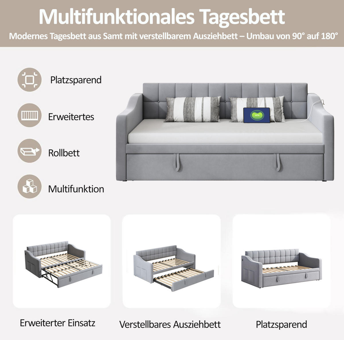 POLSTERBETT 90/190 cm aus Samt mit Ausziehfunktion und USB-Ladeports Hellgrau - Hellgrau, Textil (90/190cm) - Modenvie