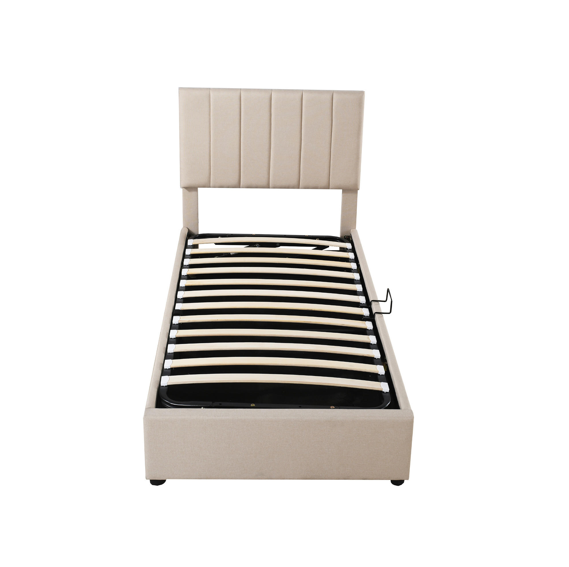 POLSTERBETT 90/200 cm beige aus Leinen mit hydraulischem Stauraum - Beige, Holzwerkstoff (90/200cm) - OKWISH