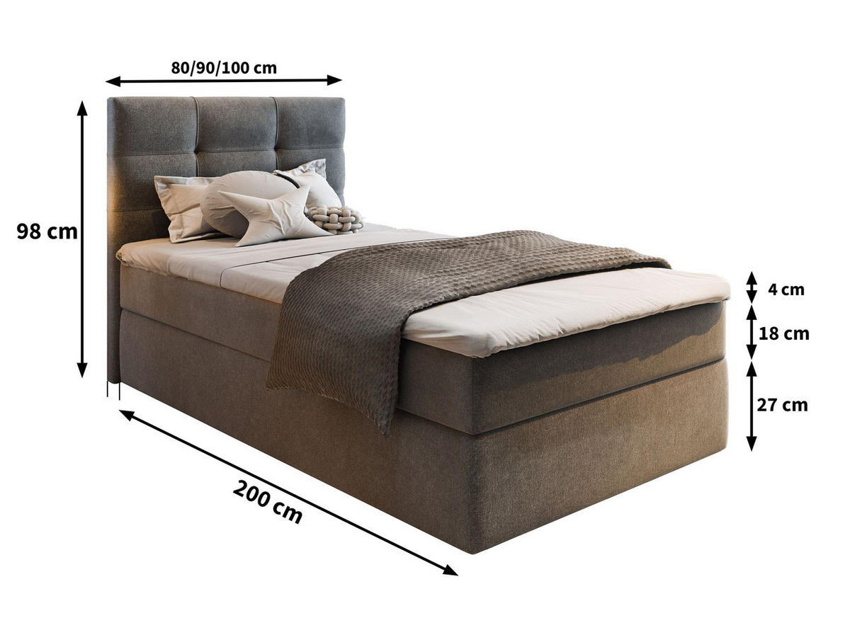 BOXBETT GLOS 100 100x200 cm mit Matratze und Topper - Grau - Grau, Holz (100/200cm) - MASSENO