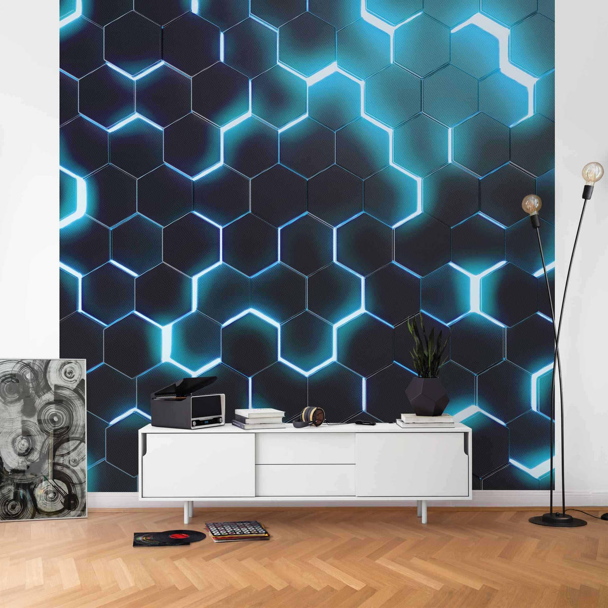 FOTOTAPETE Strukturierte Hexagone mit Neonlicht in Türkis 240/240 cm - Schwarz, Papier (240/240cm) - Bilderwelten