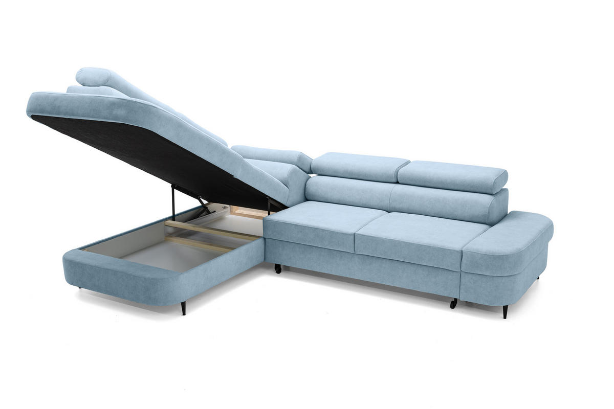 ECKSOFA PRIAM L Links mit Schlaffunktion 125x195 Velours Hellblau - Schwarz/Hellblau, Holz/Textil (203/275cm) - Muffo