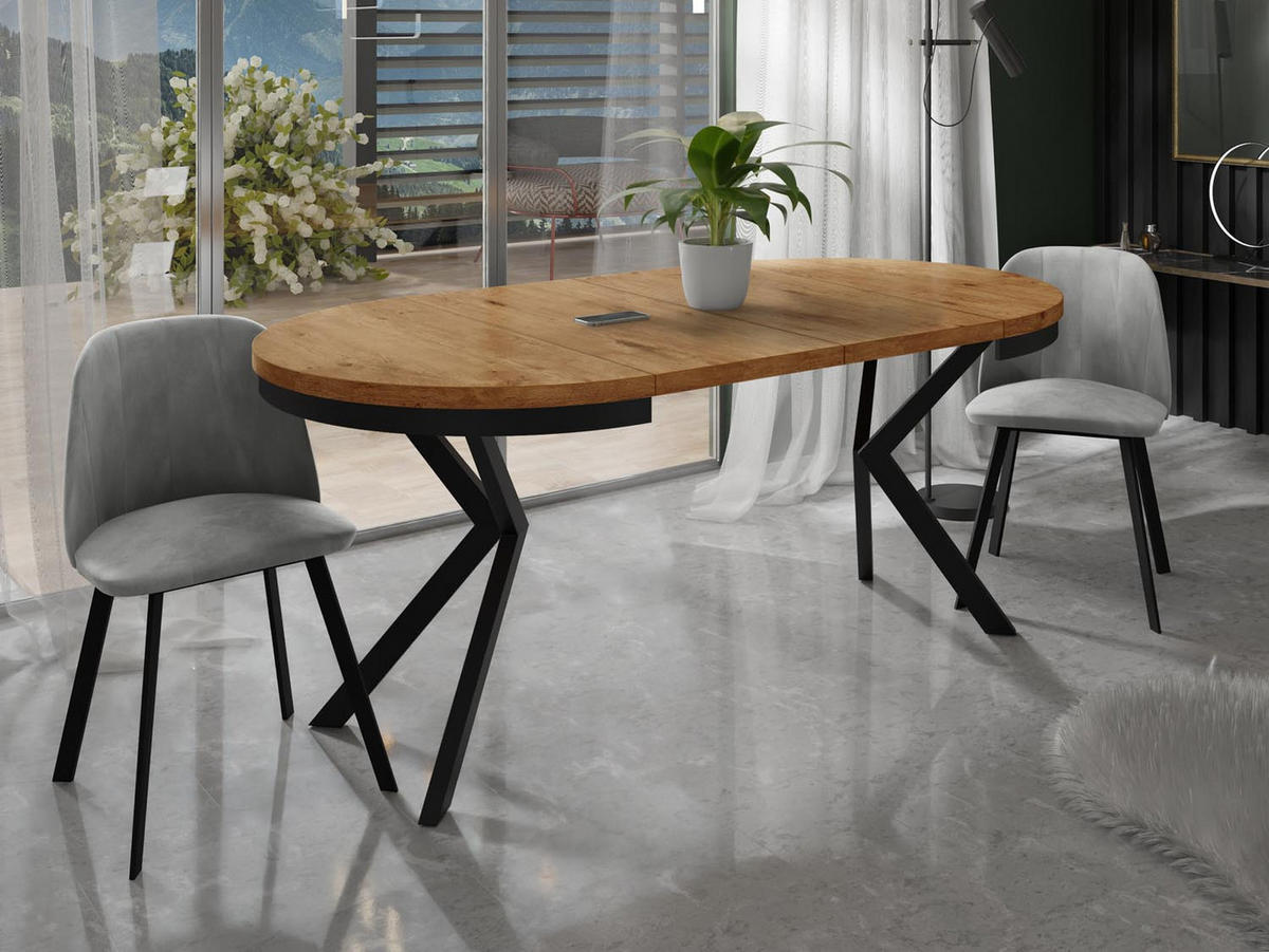 ESSTISCH Ross runder ausziehbarer, Lancelot Eiche 120-200/120/76 cm - Eichefarben/Schwarz, Holzwerkstoff/Metall (120/120/76cm) - WFL GROUP