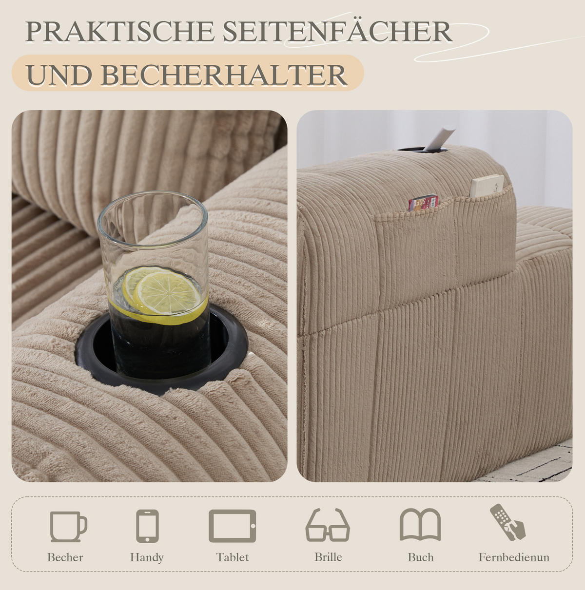 SOFA od samta, 158/93/61 cm kaki, s bočnim džepovima i držačima za piće - boje pijeska, tekstil (93/61/158cm) - BEAOK
