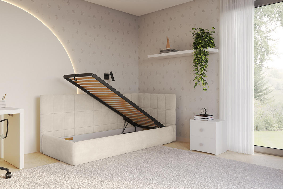 EINZELLBETT Jugendbett mit Bettkasten, Links - TULY 90x200 Beige - Beige, Holzwerkstoff/Textil (90/200cm) - ALTDECOR