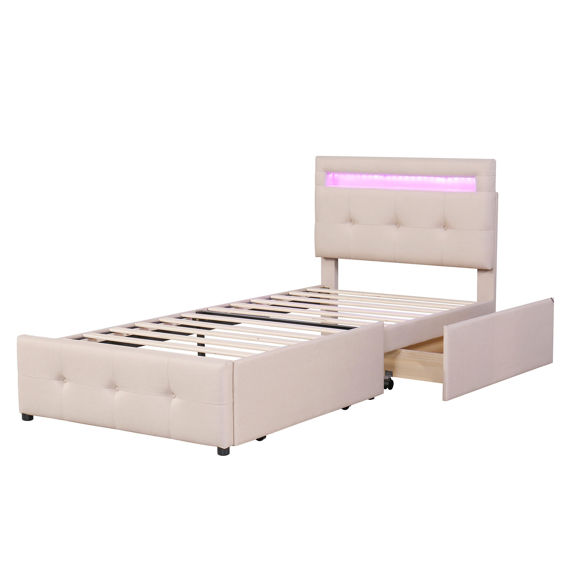 Modfu ČALOUNĚNÁ postel z čalouněné tkaniny 90x200 cm béžová s LED osvětlením, 2 zásuvkami a nastavitelným čelem