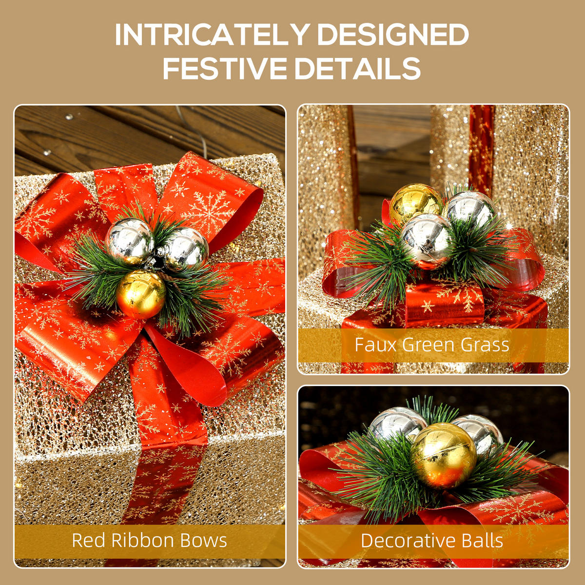 WEIHNACHTS-GESCHENKBOXEN-SET für Innen- und Außendekoration, mit 58 LED-Lichtern, Goldton - Goldfarben, Kunststoff/Metall (25.5/35/25.5cm) - Outsunny