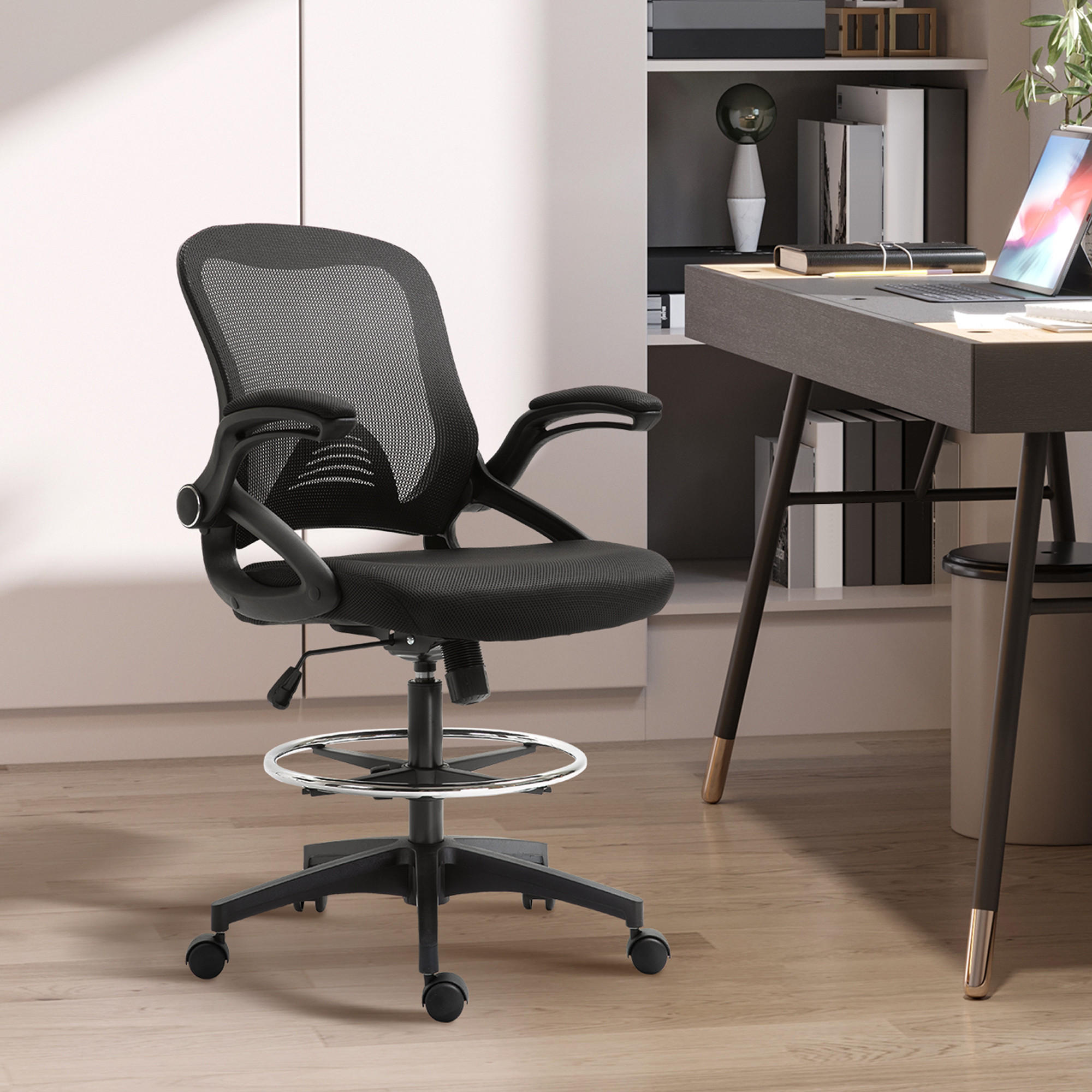 MESH Zeichenstuhl Ergonomischer Bürostuhl mit Rollen drehbar Schwarz - Schwarz, Textil (60/126/64cm) - Vinsetto