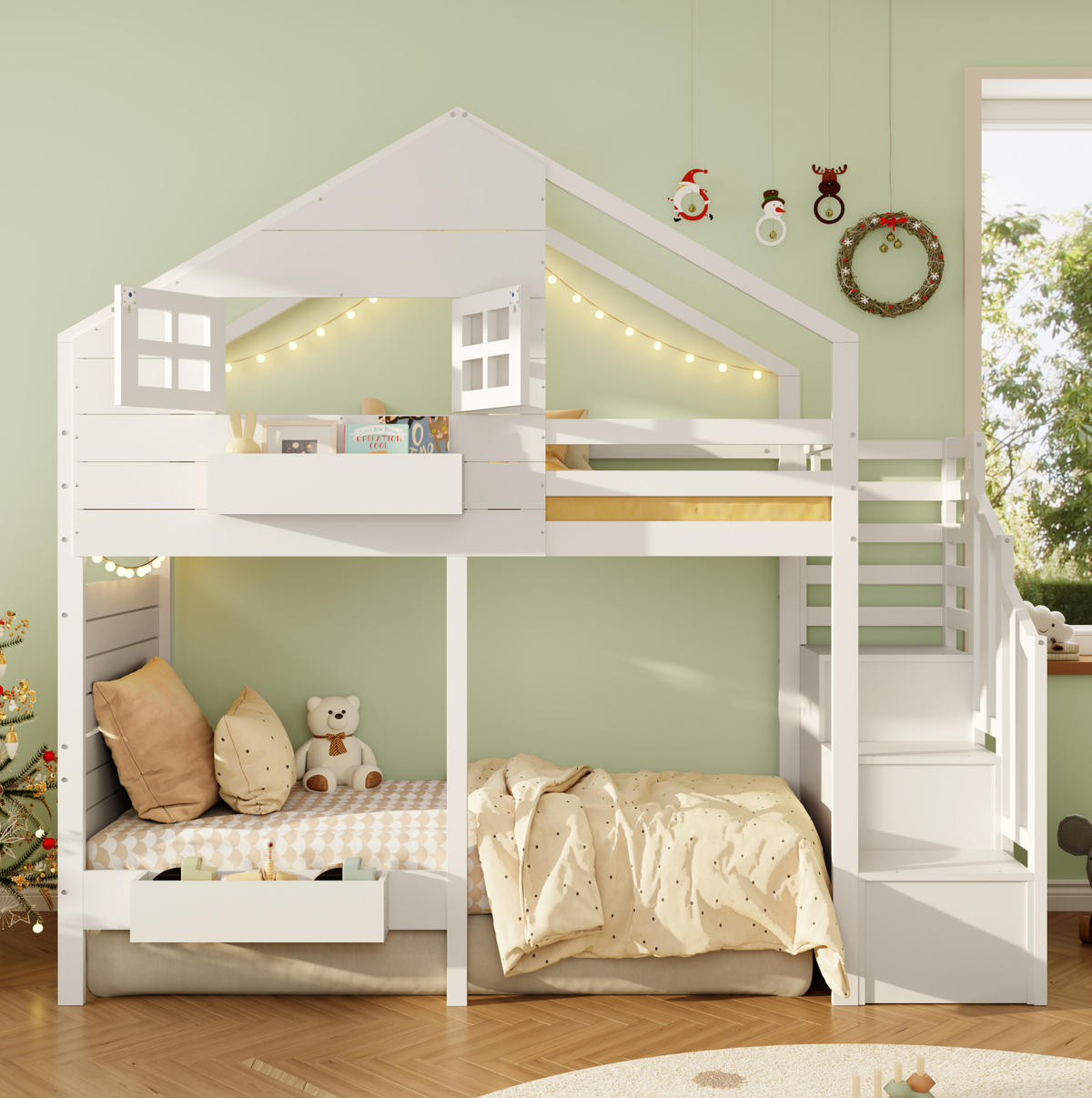 ETAGENBETT 90x200 cm mit Stauraumtreppe und Fenster Weiß - Weiß, Holzwerkstoff (90/200cm) - Beauniv
