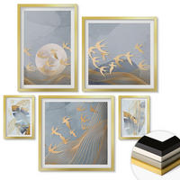 WANDBILDER 5er Set - 50x50 cm & 20x30 cm & 40x60 cm Goldrahmen - Blaubeige Blätter im Hintergrund - Goldfarben, Kunststoff (40/60cm) - ArtPrintCave