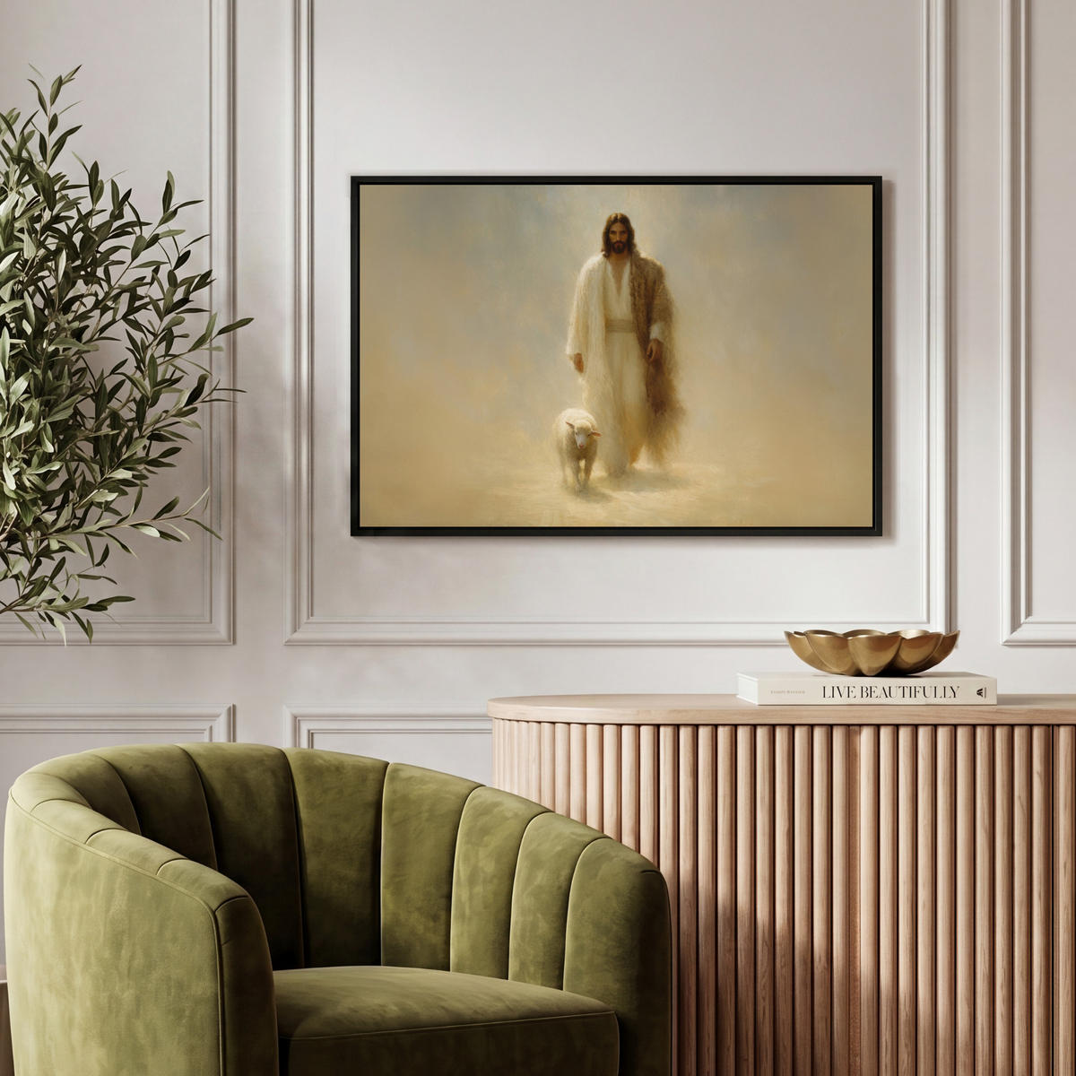 LEINWAND Bilder mit Rahmen - Schaf - Jesus - Pinselstriche - Abstrakt - 60x40 - Beige, Textil (60/40cm) - MuchoWow