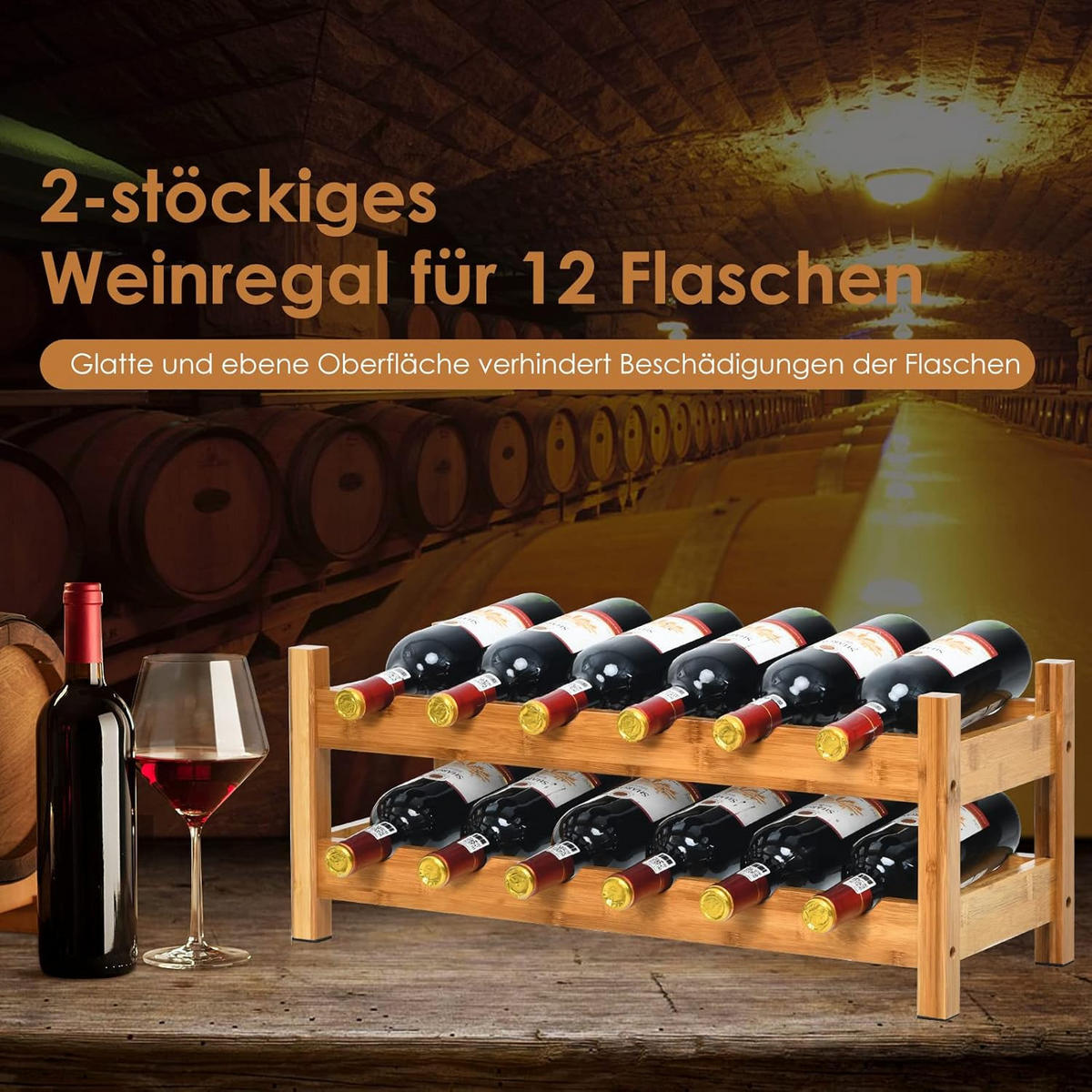 WEINREGAL 2- stöckiges Flaschenständer Holz - Naturfarben, Naturmaterialen (24/25/62cm) - COSTWAY