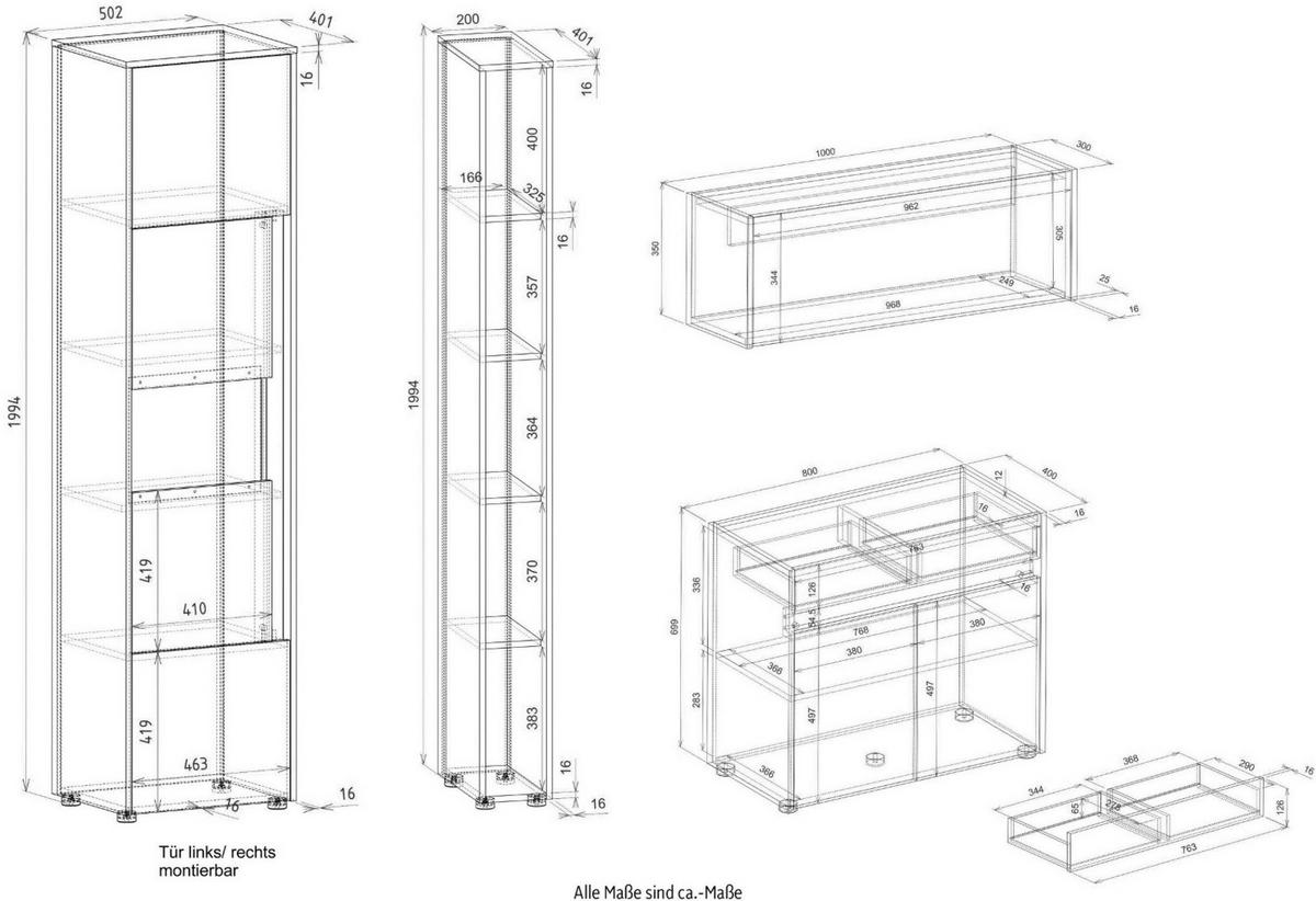 AKTENSCHRANK Set 4-teilig weiß matt, Eiche Wotan 290 cm, Büromöbelkombination mit Sekretär und viel Stauraum - Eichefarben/Silberfarben, Glas/Holzwerkstoff (290/200/40cm) - Furn.Design