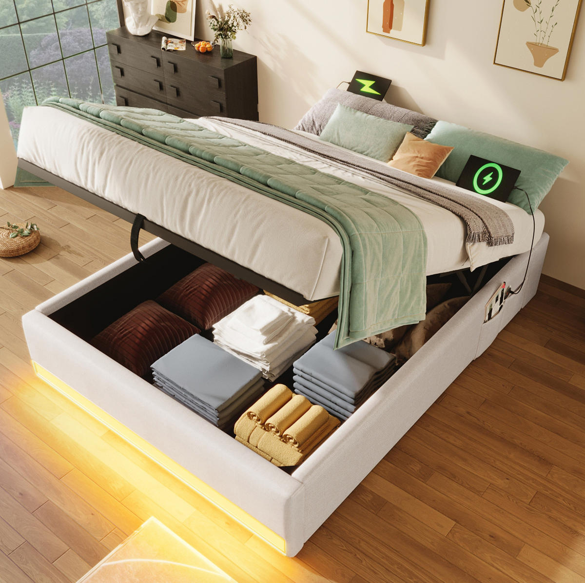 ČALÚNENÁ posteľ z ľanu 90x200 cm béžová bez čela s LED osvetlením, USB a Typ-C, hydraulickým úložným priestorom - béžová, textil (90/200cm) - Modfu