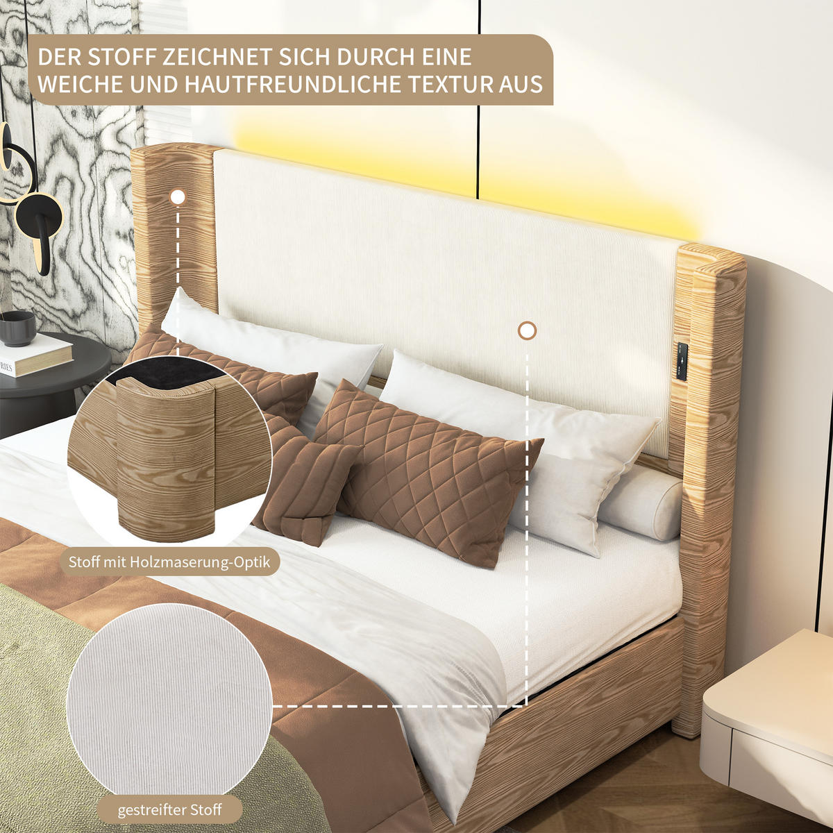 POSTEL KING Béžová s hydraulickým úložným prostorem a LED osvětlením - béžová, textil (190/200cm) - Urban Meuble
