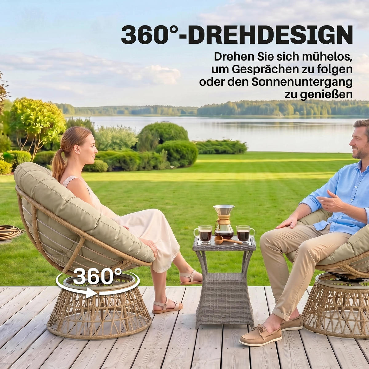 PAPASANSESSEL mit Polster 360 Grad Verstellbare Fußstütze 85 x 70 x 82 cm Khaki - Braun, Kunststoff (85/82/70cm) - Outsunny