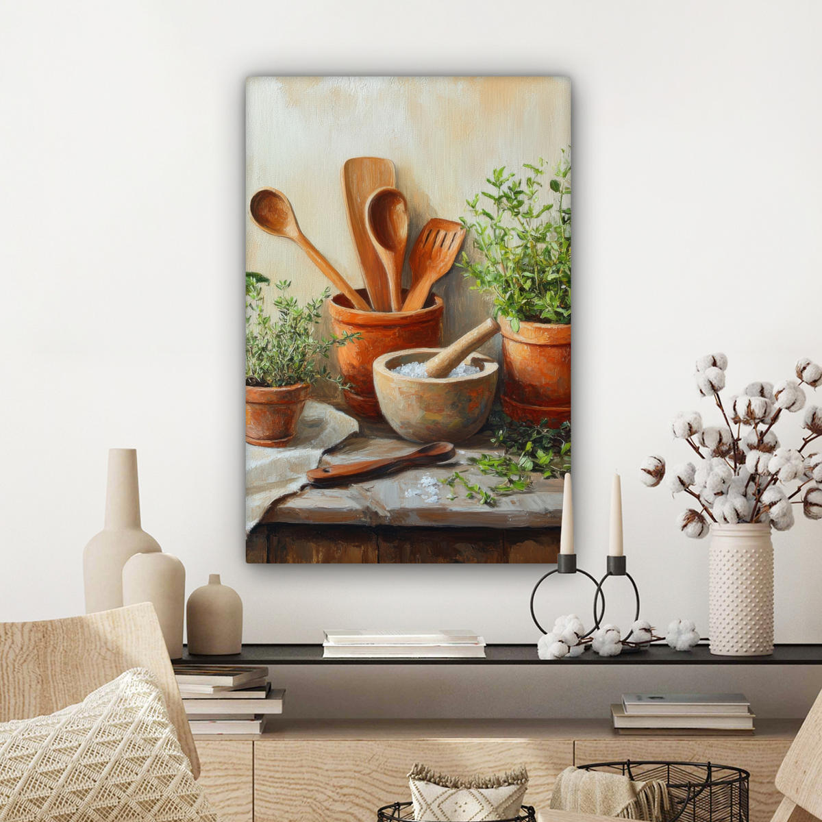 LEINWANDBILD Töpfe - Kräuter - Holz Wanddeko 40x60 cm - Terracotta, Textil (40/60cm) - MuchoWow