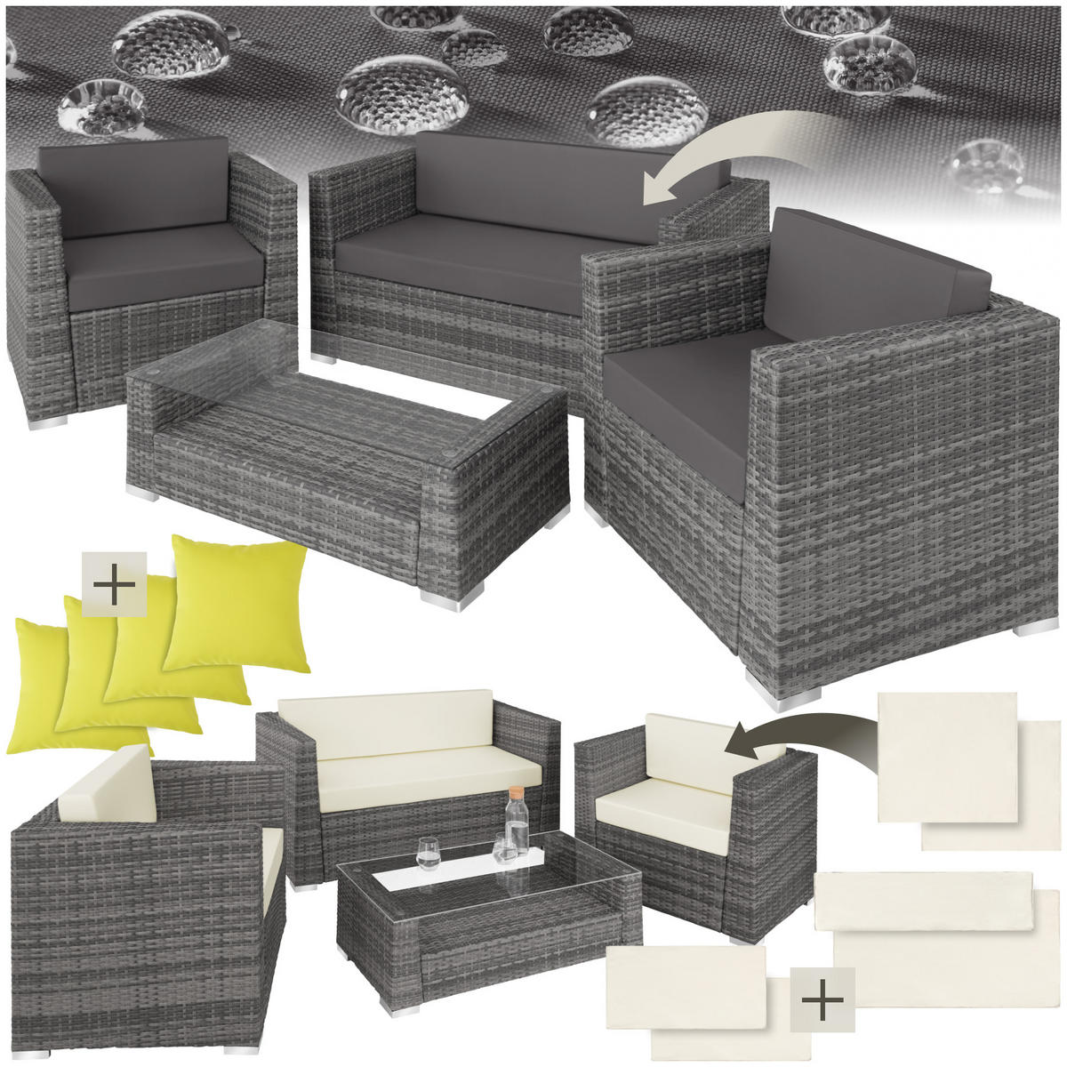 RATTANLOUNGE München,mit Sicherheitsglasplatte,grau - Grau, Kunststoff - tectake